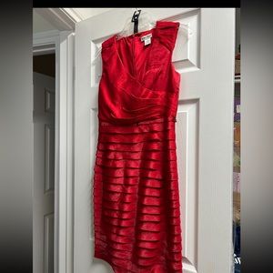 Andre Oliver pleated layered cocktail evening sheath dress in red